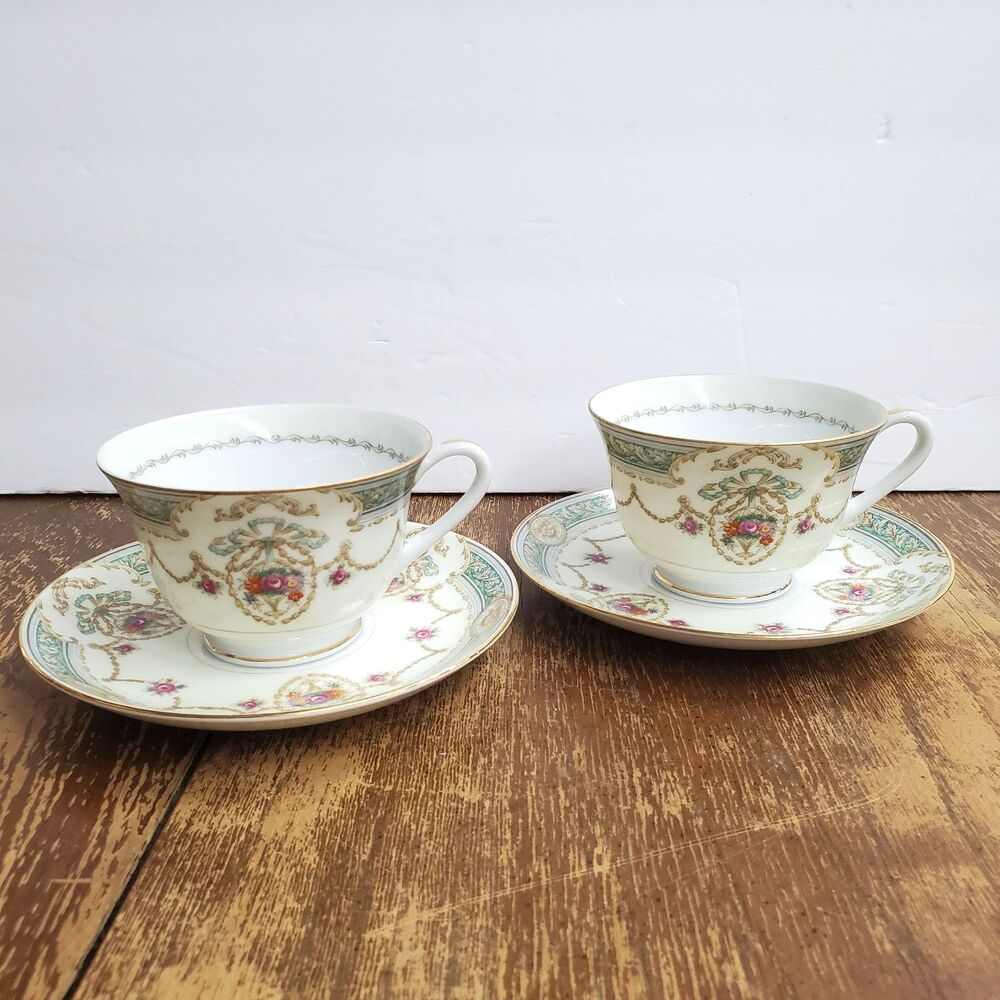 2 Vintage Kings Court Margo Fine China Teacup Saucer Japan Floral Gold Trim MCM